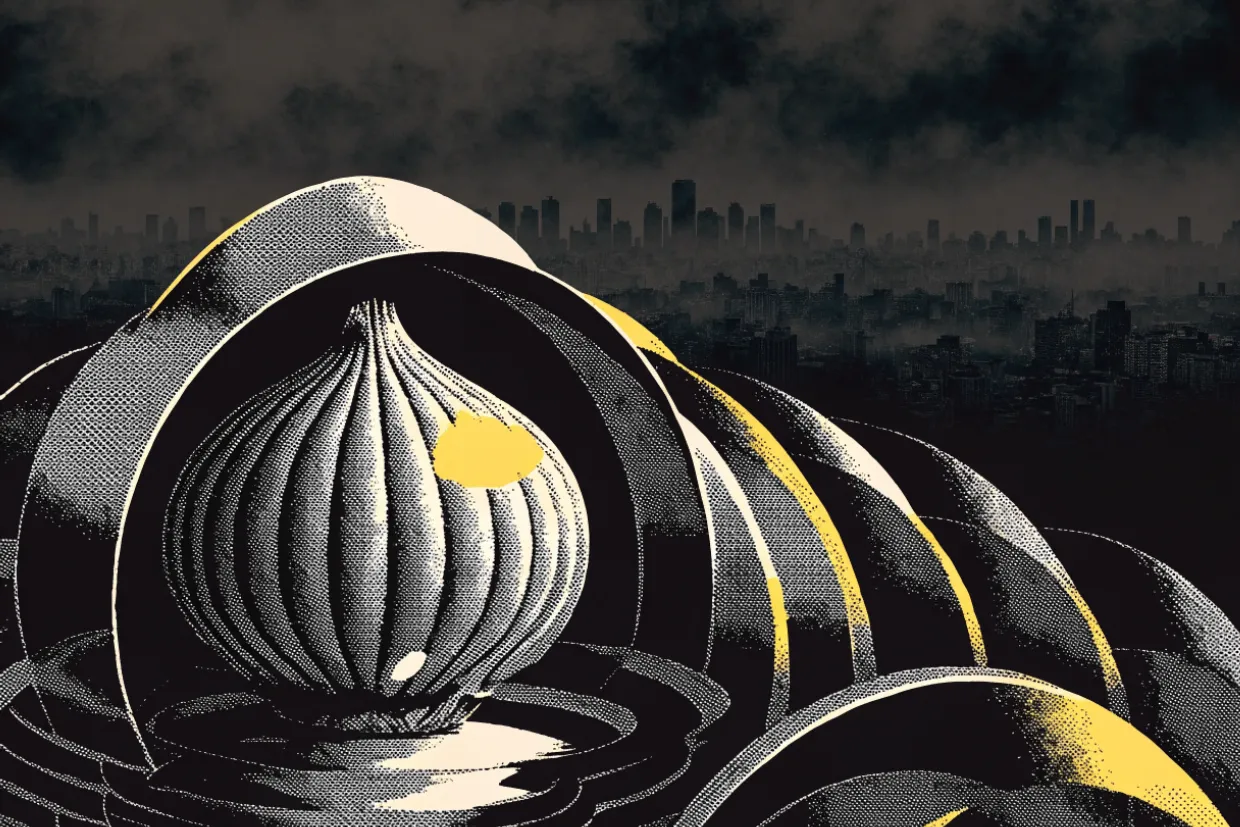 A giant onion surrounded by shields, symbolizing online privacy and encryption.