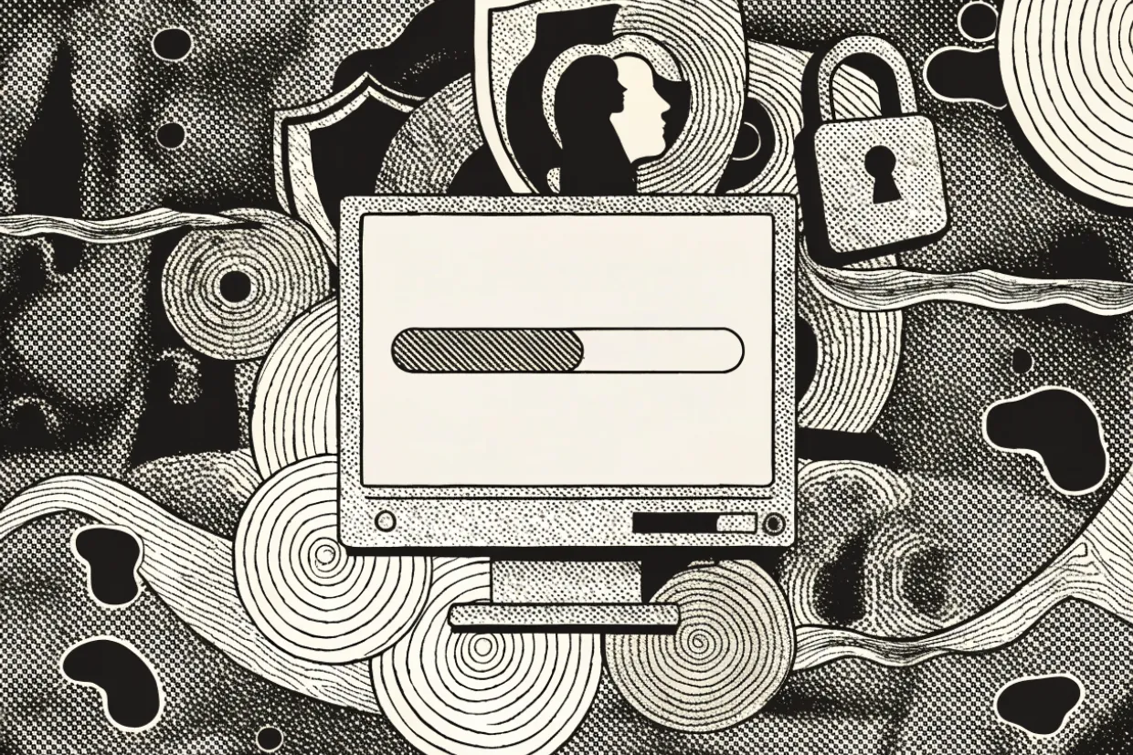 Illustration of a secure download for the Tor Browser with privacy symbols.